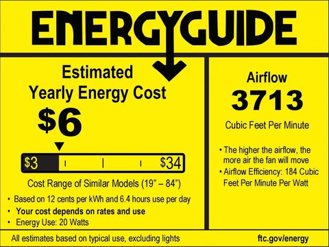 Energy guide label for 52 Inch Black Ceiling Fan With Remote No Light Quiet Reversible DC Motor Six Speeds For Living Room Bedroom Patio.