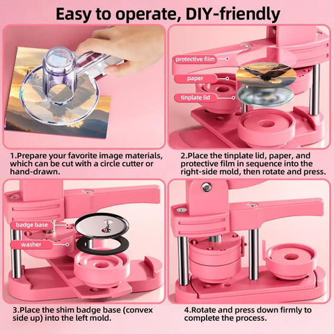 58mm Button Maker Press Kit Starter Bundle For DIY Pins And Badges showing step-by-step button-making process in four images
