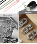 Premium Silicone Cable Ties Set, Adjustable 4.2 Inch Length, Reusable Cord Management Organizer shown before and after use.