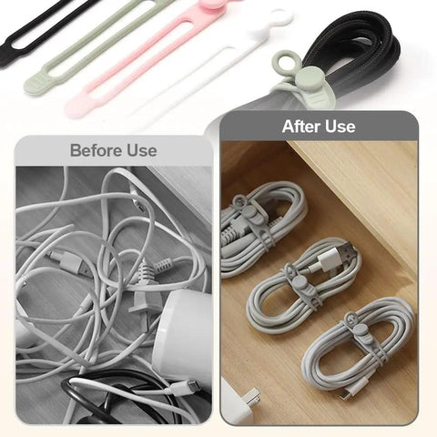 Premium Silicone Cable Ties Set, Adjustable 4.2 Inch Length, Reusable Cord Management Organizer shown before and after use.