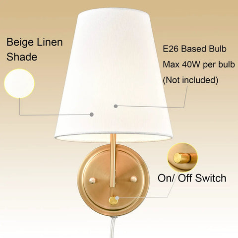 Bedroom Bedside Wall Lamps Set Of 2 Gold Brass Plug In Or Hardwired Wall Sconces With Fabric Shades For Living Room Modern Farmhouse Style Dope Look With Easy On Off Switch On Canopy. Beige linen shade and gold finish with on/off switch.