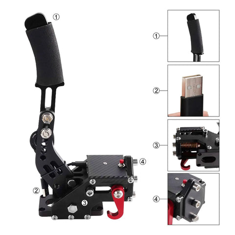Pro Sim Racing Handbrake for PS4 PS5 USB 3.0 14Bit Precision, all-steel build, side view with USB connector close-up
