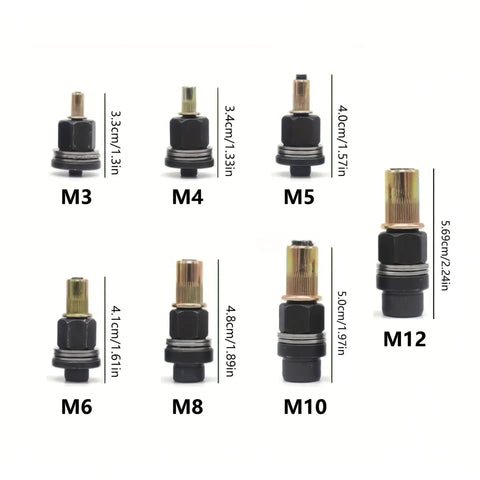 Pro Grade Rivet Nut Mandrel Kit With Seven Interchangeable Mandrels M3 Through M12 And 210 Galvanized Rivet Nuts For Built To Last, Stable Clamping And Quick, Easy Riveting In Metal Fabrication Projects, M3-M12 mandrels