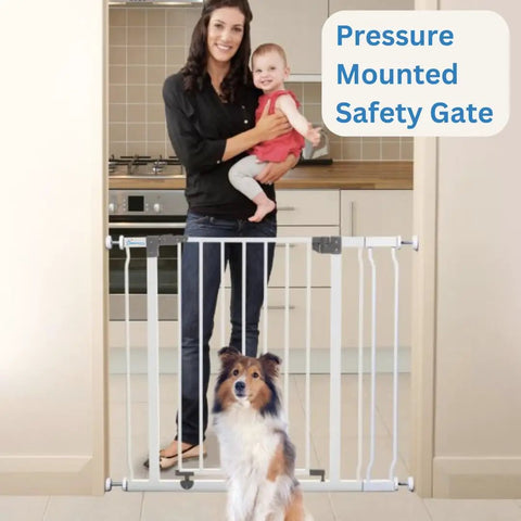 Walk Through Baby Safety Gate Set With 3.5 Inch Extension For Openings From 29.5 To 36.5 Inches, Pressure Mounted, in doorway