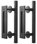 Two Pack 12 Inch Sliding Barn Door Handle Pull And Flush Hardware Set With Flat Back Plate Design In Rustic Black Finish
