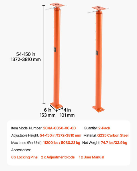 VEVOR 2 Pack Telescoping Jack Posts Heavy Duty Steel Support Beams Adjustable House Floor Jacks with 54 To 150 Inch height.