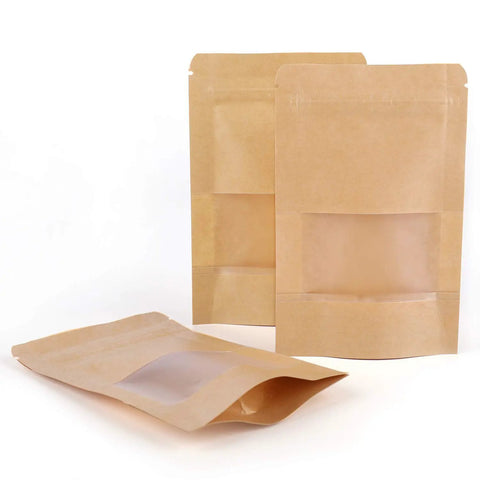 Grab And Go Mini Kraft Paper Bags With Resealable Zipper And Clear Window, 300 Count Stand Up Food Pouches For Snacks And Party Favorites, Sturdy Gusseted Construction With Waterproof Liner