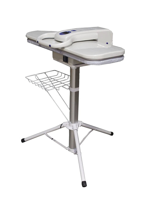 Telescoping Steam Press Stand For Oversized Iron Press with lightweight white frame and wire basket, easy to move and durable.