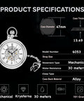 Men's Skeleton Pocket Watch With Hand Wind Mechanical Movement Stainless Steel Case And 12 Inch Chain With Belt Clip