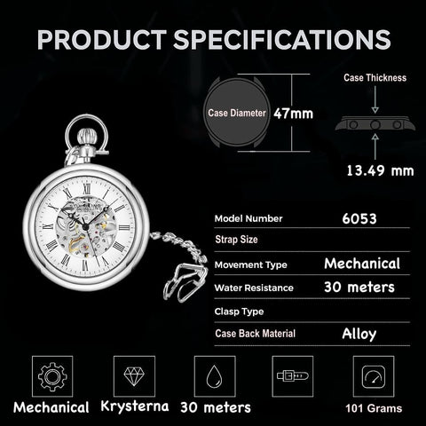 Men's Skeleton Pocket Watch With Hand Wind Mechanical Movement Stainless Steel Case And 12 Inch Chain With Belt Clip