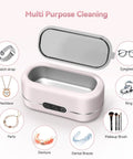 Upgraded 48KHz Ultrasonic Jewelry Cleaner Machine With 304 Stainless Steel Tank For Rings, Necklaces, Eyeglasses, Watch Straps And Dentures Fast Deep Clean In Minutes Using Tap Water Pink Finish with display of cleaning items