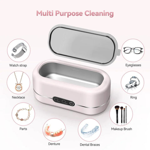 Upgraded 48KHz Ultrasonic Jewelry Cleaner Machine With 304 Stainless Steel Tank For Rings, Necklaces, Eyeglasses, Watch Straps And Dentures Fast Deep Clean In Minutes Using Tap Water Pink Finish with display of cleaning items