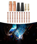 All In One MIG Welding Accessories Kit 26-Piece Flux Core Gasless Nozzle Set shown with welding sparks and helmet