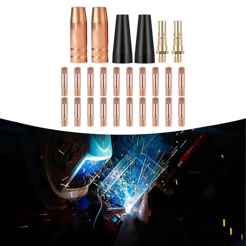 All In One MIG Welding Accessories Kit 26-Piece Flux Core Gasless Nozzle Set shown with welding sparks and helmet