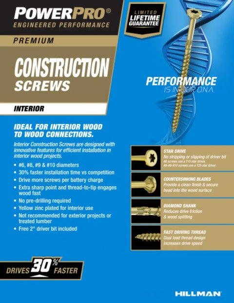 Interior Wood Screws Size Eight By One And Quarter Inches, Star Drive Flat Head Fasteners packaging and features illustration