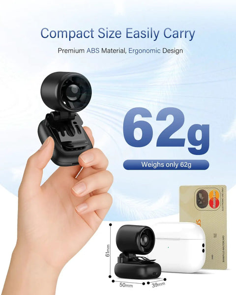 Person holding 62g Featherlight Clip On Fan For Outdoor Cooling On The Go Ultra Lightweight 2oz USB C Rechargeable Portable Face Cooling