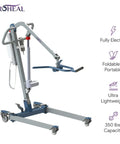 ProHeal Portable Electric Patient Lift With 4 Point Spreader Bar For Home Care Or Facility Use Fits Under Beds And Into Trunks Supports 350 Pounds Weight Capacity For Easy Mobility Transfers Safety First, fully electric design.