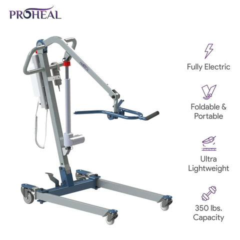 ProHeal Portable Electric Patient Lift With 4 Point Spreader Bar For Home Care Or Facility Use Fits Under Beds And Into Trunks Supports 350 Pounds Weight Capacity For Easy Mobility Transfers Safety First, fully electric design.