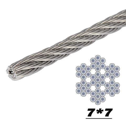 Close-up of 7x7 strand design of 1/8 Inch T316 Stainless Steel Wire Rope For Cable Railing Marine Grade Outdoor Ready And Rust Resistant Pro Grade