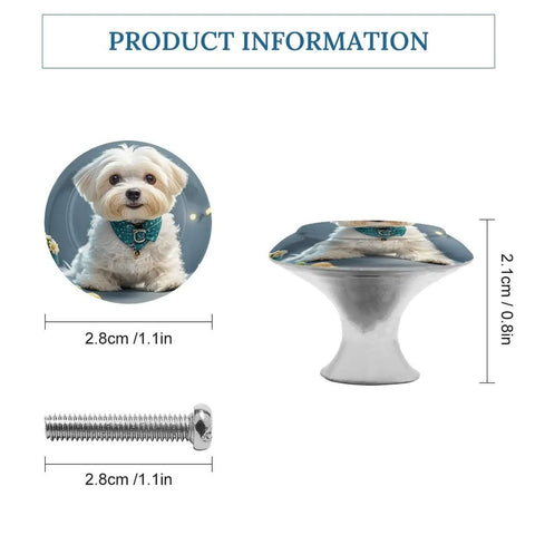 2 Pack Lovely Maltese Dog Cabinet Knobs Round Drawer Pulls Stainless Steel Hardware, showing knob size 1.1x0.8 inches