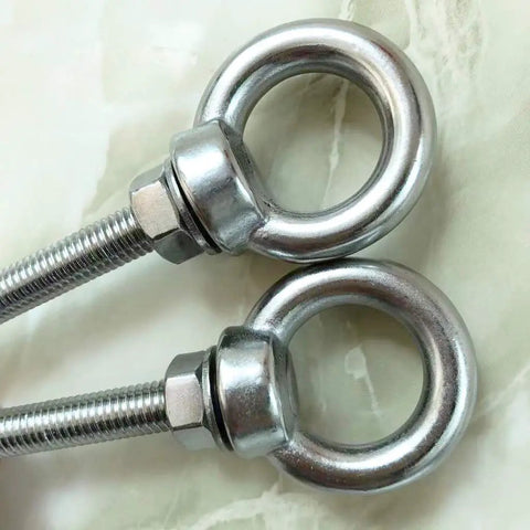 Close-up of Shoulder Eye Bolts M8 Stainless Steel Built Tough Heavy Duty With Washers And Nuts for lifting and securing cables, 2 pack