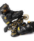 Light Up Inline Skates With Adjustable Fit For Kids And Adults, full glow wheels, black and gold design, aluminum frame