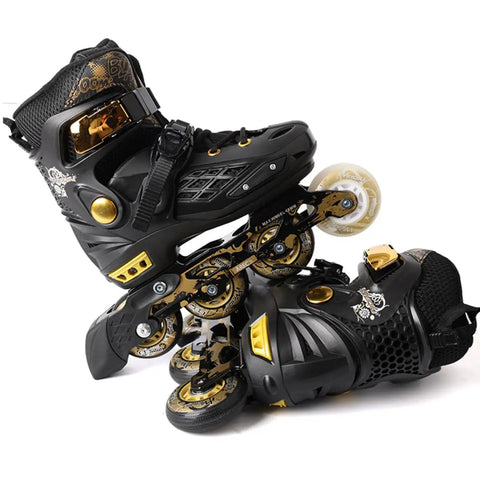 Light Up Inline Skates With Adjustable Fit For Kids And Adults, full glow wheels, black and gold design, aluminum frame