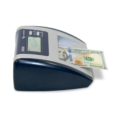 No Sweat Commercial Grade Five Point Automatic Money Bill Detector And Counterfeit Validator With Ultraviolet Magnetic Infrared Watermark Dimension Sensors For Quick Buck Scans And Secure Retail Transactions showing a US hundred dollar bill being fed into the device.