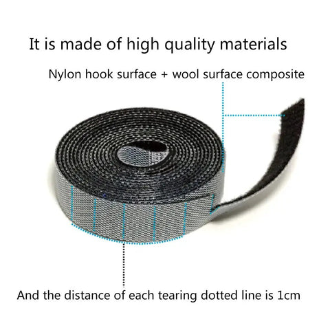 Self Adhesive Cable Management Hoop With Sticky Wire Organizer Keeps Your Desk Slick And Tidy Game Changer Tear Off Nylon Cord Wrap Kit For Home Office In Black, close-up of nylon strap roll.