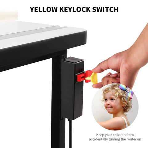 Heavy Duty Keylock Router Table Switch With Dual Power Outlets No Sweat Install For Any Professional Woodshop 125V 15Amp Multi Purpose Badass Shop Upgrade, close-up of yellow keylock switch.