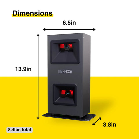 Eye Mini Lite Indoor Golf Launch Monitor and Simulator dimensions showing 13.9in height, 6.5in width, 3.8in depth