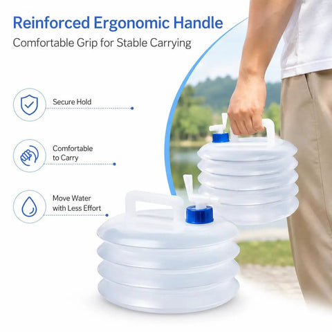 Person carrying Grab And Go Collapsible Water Container With Spigot For Travel And Camping, 4 Gallon Portable Water Storage Carrier