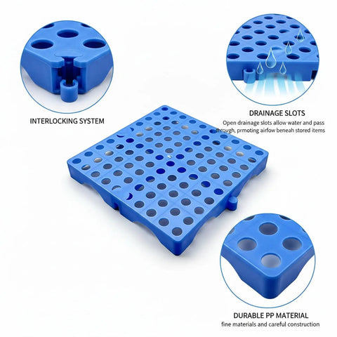 Heavy Duty Interlocking Plastic Pallet Mat Tiles With Drainage Slots for warehouse use, showcasing interlocking system close-up.