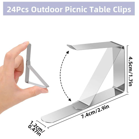 Close-up of 24 Pack Stainless Steel Tablecloth Clips For Outdoor Tables And Picnics, showing size and angle comparison