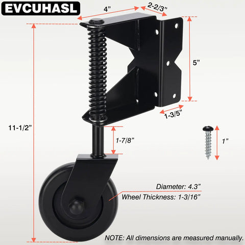 Heavy Duty Wooden Fence Gate Caster With 360 Degree Swivel showing dimensions and black wheel design with mounting bracket