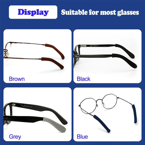 Display of Comfy Soft Cotton Eyeglasses Ear Cushions Set Anti Slip Elastic Temple Tips Sleeve Retainer Grips in various colors.