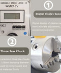 Xoiasth Mini Metal Lathe Machine 900W Brushless Motor Variable Speed 50-2500 RPM Precision Bench Lathe display showing speed and three jaw chuck.