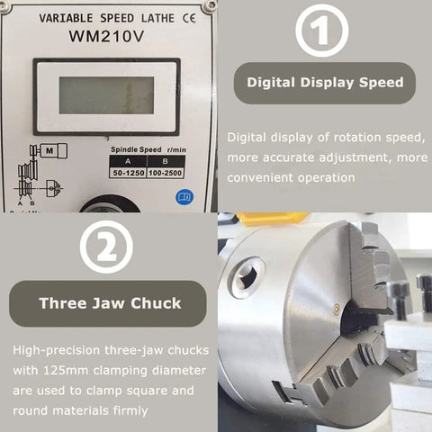 Xoiasth Mini Metal Lathe Machine 900W Brushless Motor Variable Speed 50-2500 RPM Precision Bench Lathe display showing speed and three jaw chuck.