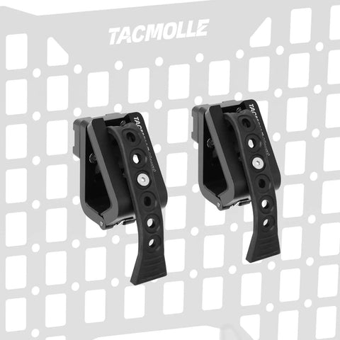 2 Pack Tactical Gun Rack For MOLLE Panels Automotive Rifle Holder with rubber straps on a perforated mounting panel