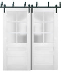 Slick Bypass Barn Sliding Doors With Frosted Glass And Solid Wood Panels White 56x96 In Classic Farmhouse Style Hardware Included