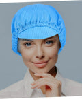 Five Pack Blue Anti Static Cleanroom Working Hat Built With Breathable Mesh And Heavy Duty Polyester For Electronics Factories Food Prep Zones And Paint Studios Offering Sick Airflow And Chill Fit All Day Long on a model's head.
