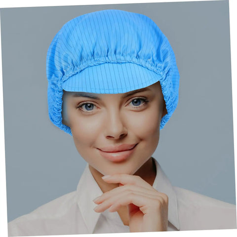 Five Pack Blue Anti Static Cleanroom Working Hat Built With Breathable Mesh And Heavy Duty Polyester For Electronics Factories Food Prep Zones And Paint Studios Offering Sick Airflow And Chill Fit All Day Long on a model's head.