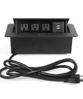 Desktop Pop Up Power Socket With 3 Outlets And 2 USB Ports, Hardwired Connection Box, Textured Black Face Plate, visible cable