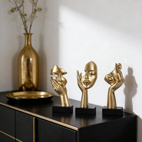 Three Piece Thinker Statue Set Black Gold Modern Home Decor Abstract Figurines on a shelf, decorative gold resin faces