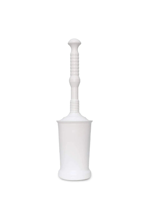 Heavy Duty Toilet Plunger Kit With Smart Air Relief Valve And Spacious Tall Bucket Caddy in white, designed for effective drain clog clearing.