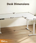 63 Inch Sit To Stand Electric L Shaped Desk With Height Adjustment Range 27.9 To 46.1 Inches, reversible corner setup dimensions