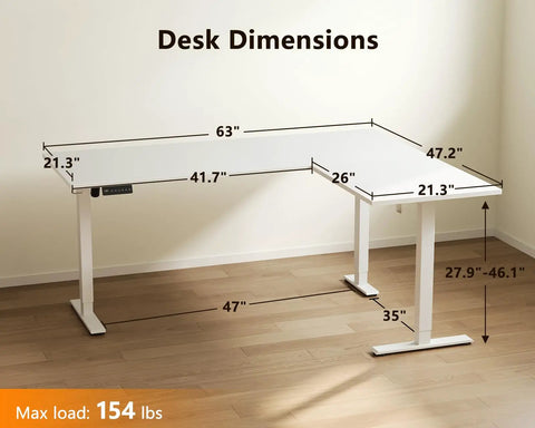 63 Inch Sit To Stand Electric L Shaped Desk With Height Adjustment Range 27.9 To 46.1 Inches, reversible corner setup dimensions
