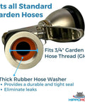 Heavy Duty Metal Garden Hose Nozzle Featuring Nine Versatile Spray Patterns For Outdoor Yard Irrigation Rust Resistant Drip Free Design Fits Standard Hoses Like A Cinch Today close-up showing rubber washer and connection to standard hose.