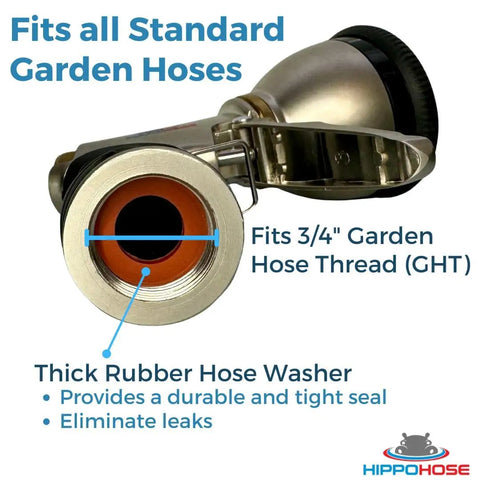 Heavy Duty Metal Garden Hose Nozzle Featuring Nine Versatile Spray Patterns For Outdoor Yard Irrigation Rust Resistant Drip Free Design Fits Standard Hoses Like A Cinch Today close-up showing rubber washer and connection to standard hose.