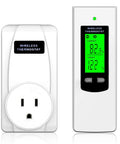Smart Programmable Wireless Plug In Thermostat Outlet With Built In Temperature Sensor And Remote Control Real Time Temperature Detection Hassle Free Setup For Consistent Comfort Energy Saving White, showing plug and control unit